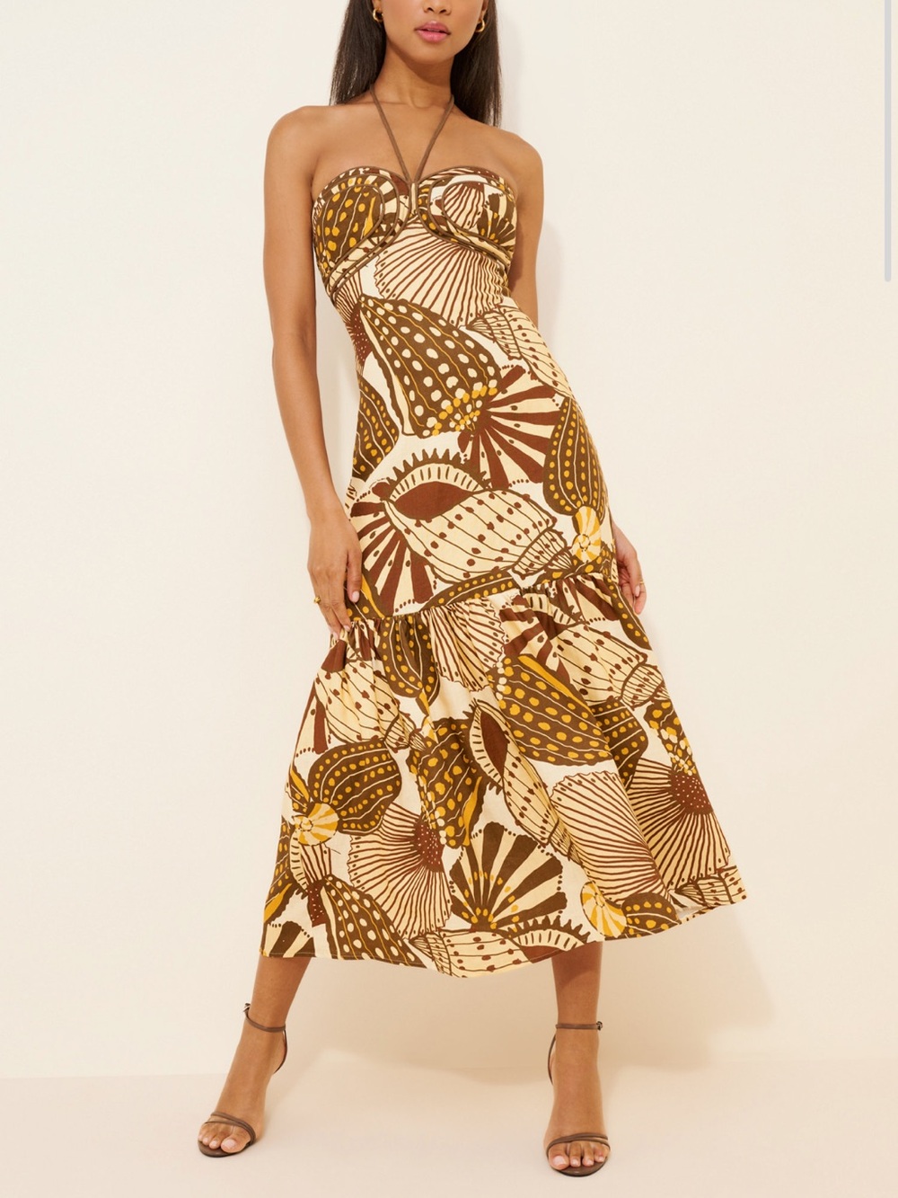 FARM Rio Strapless Midi Dress in Cream, Brown & Mustard